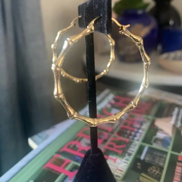 Womens Gold Bamboo Hoop Earrings 18K Gold‎ Plated - Picture 7 of 8